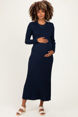 Navy Ribbed Long Sleeve Maternity Sweater Midi Dress