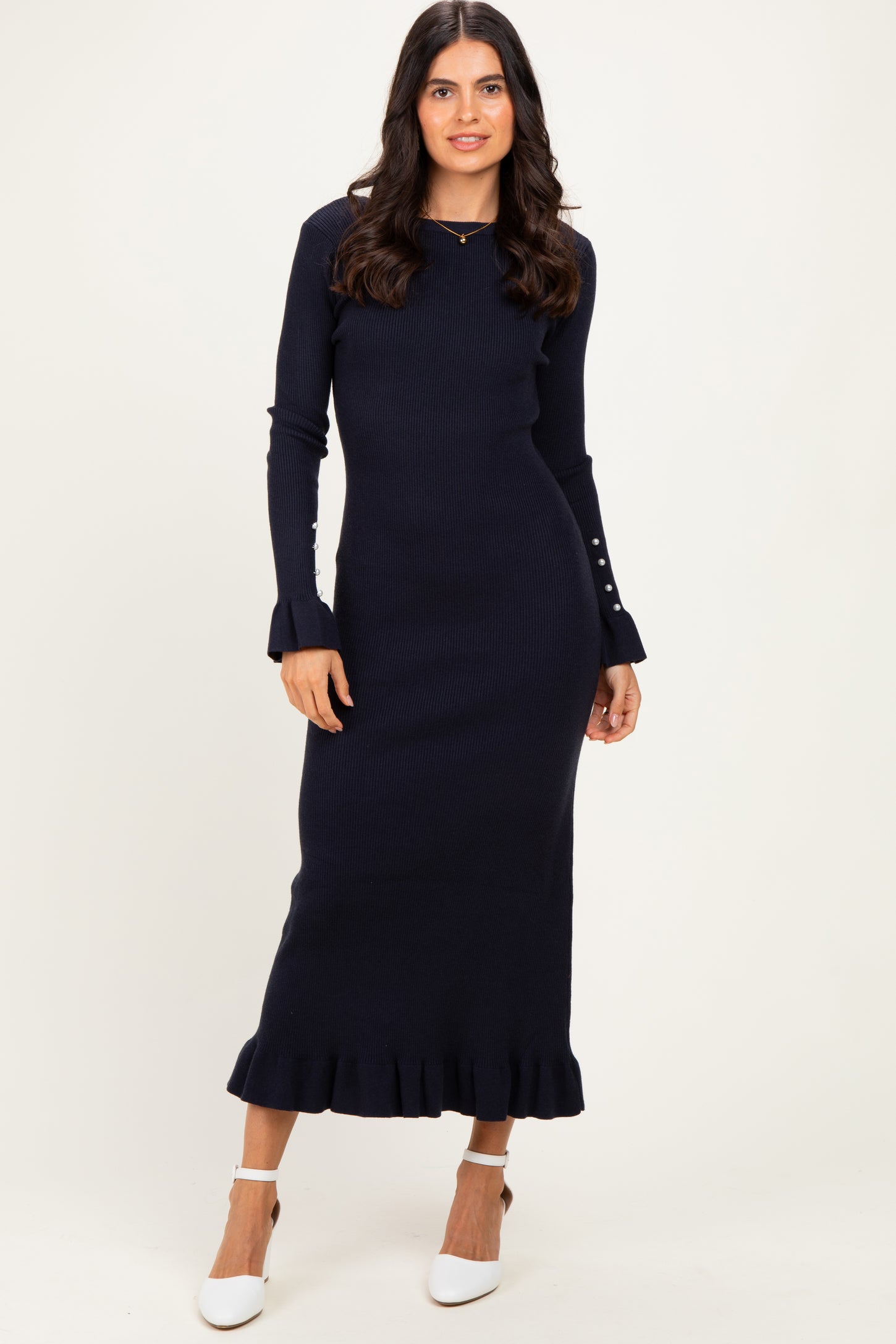 Navy Ribbed Long Sleeve Maternity Sweater Midi Dress