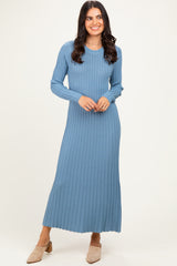 Denim Blue Ribbed Long Sleeve Maternity Sweater Midi Dress