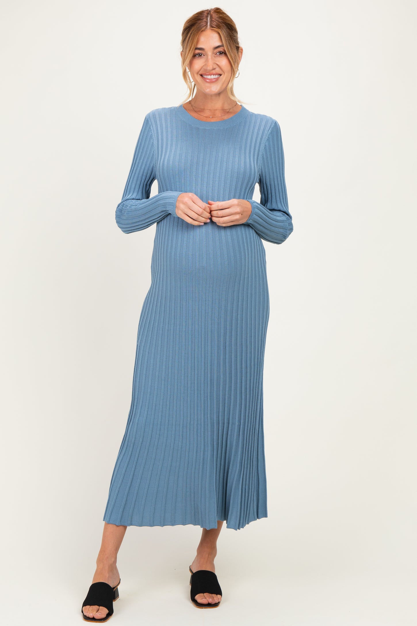 Denim Blue Ribbed Long Sleeve Maternity Sweater Midi Dress
