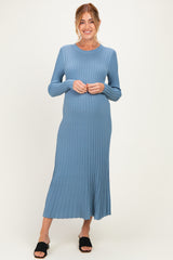 Denim Blue Ribbed Long Sleeve Maternity Sweater Midi Dress