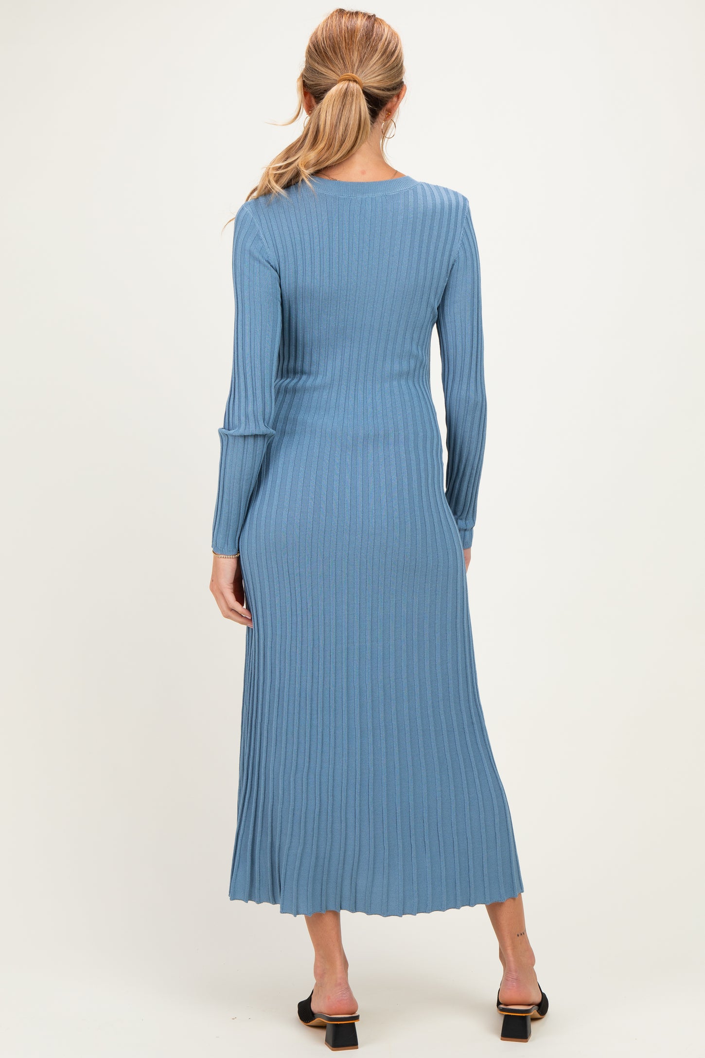 Denim Blue Ribbed Long Sleeve Maternity Sweater Midi Dress