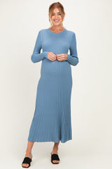 Denim Blue Ribbed Long Sleeve Maternity Sweater Midi Dress