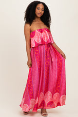 Fuchsia Printed Satin Flounce Strapless Maxi Dress