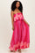 Fuchsia Printed Satin Flounce Strapless Maxi Dress