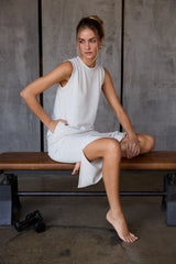 Light Heather Grey Sleeveless Side Slit Maternity Midi Dress