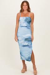 Blue Printed Ruched Fitted Maternity Midi Dress