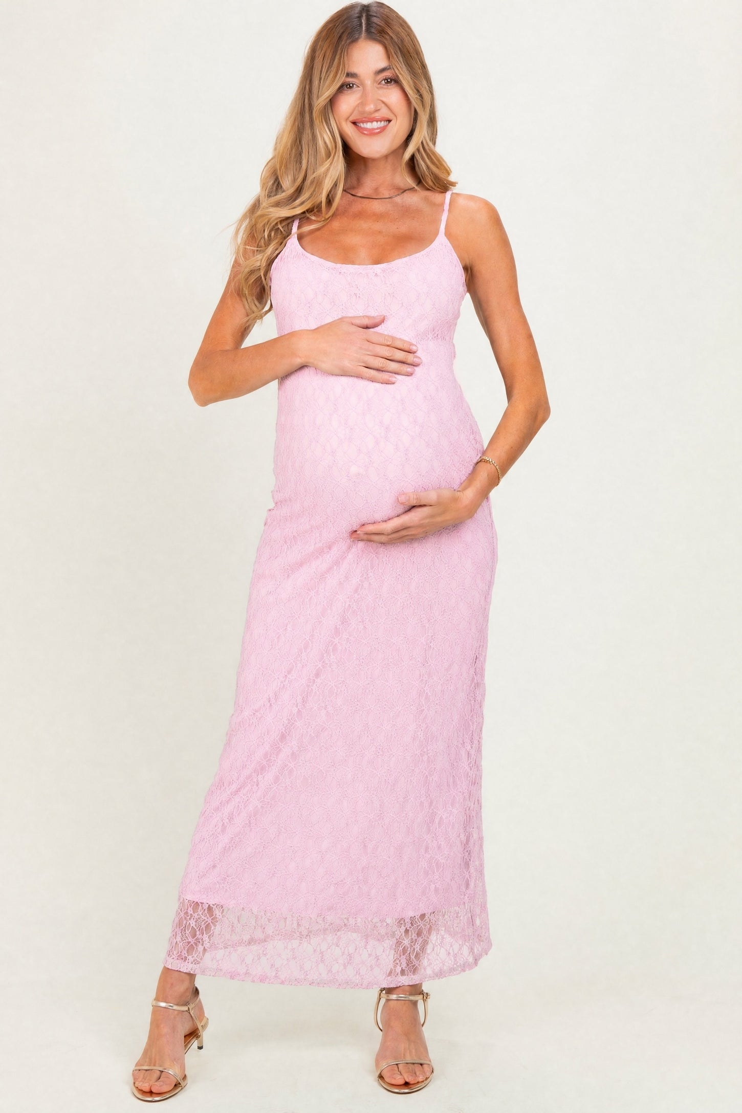Pink Sleeveless Lace Square Neck Maternity Maxi Dress