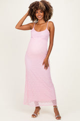 Pink Sleeveless Lace Square Neck Maternity Maxi Dress