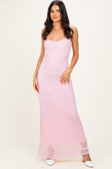 Pink Sleeveless Lace Square Neck Maternity Maxi Dress