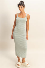 Sage Striped Fitted Midi Tank Dress