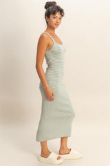 Sage Striped Fitted Midi Tank Dress