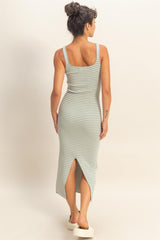 Sage Striped Fitted Midi Tank Dress