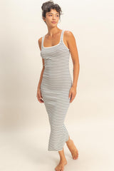 White Striped Fitted Midi Tank Dress
