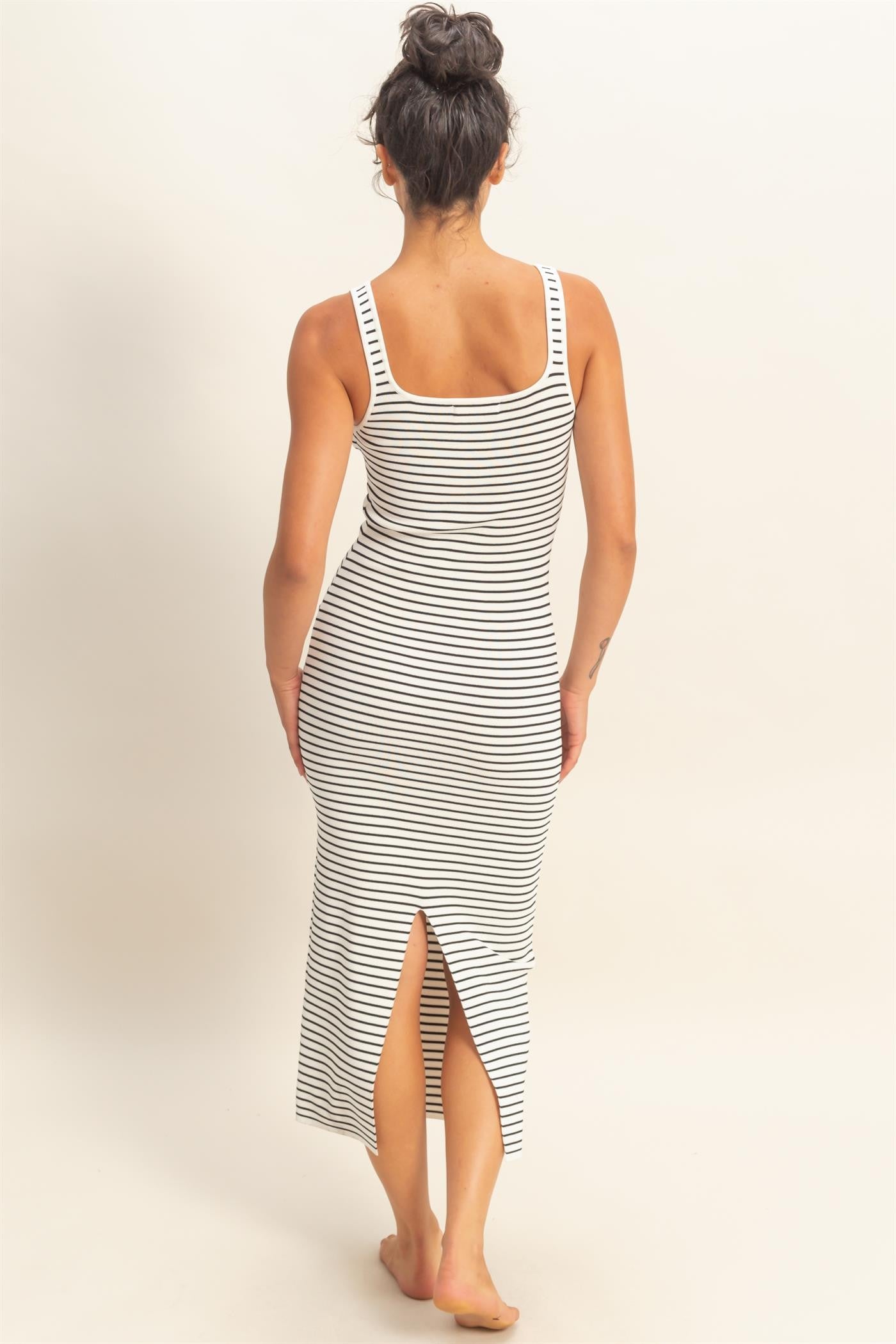 White Striped Fitted Midi Tank Dress