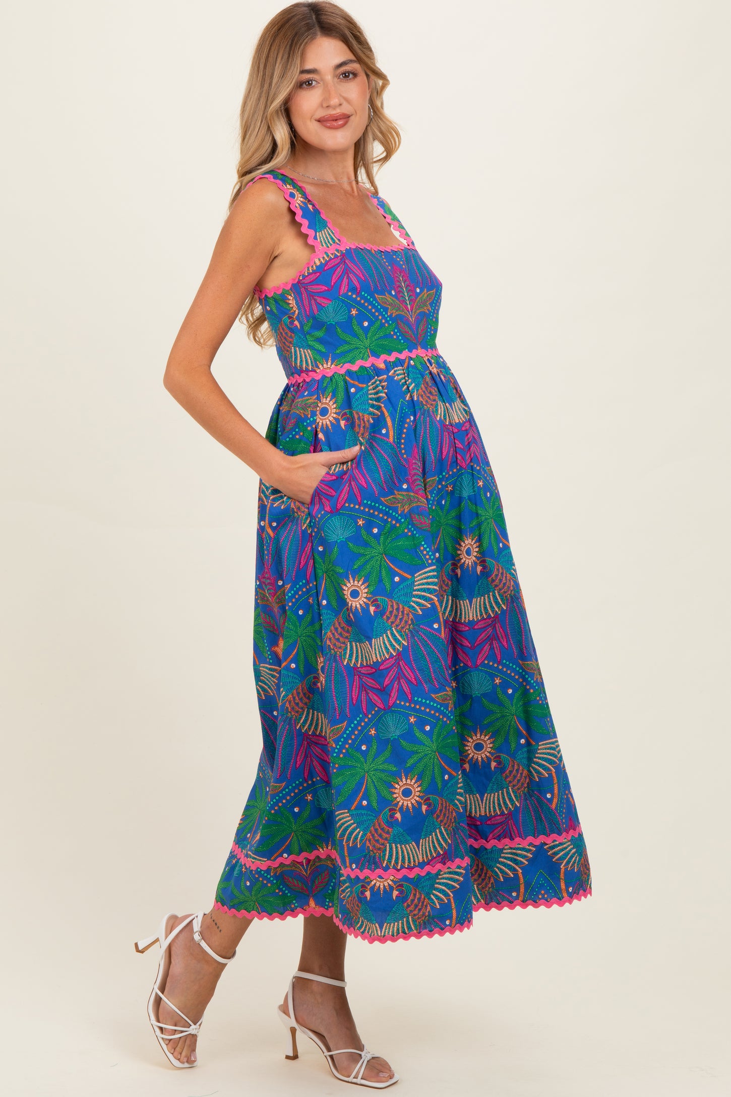 Navy Tropical Embroidery Maternity Midi Dress