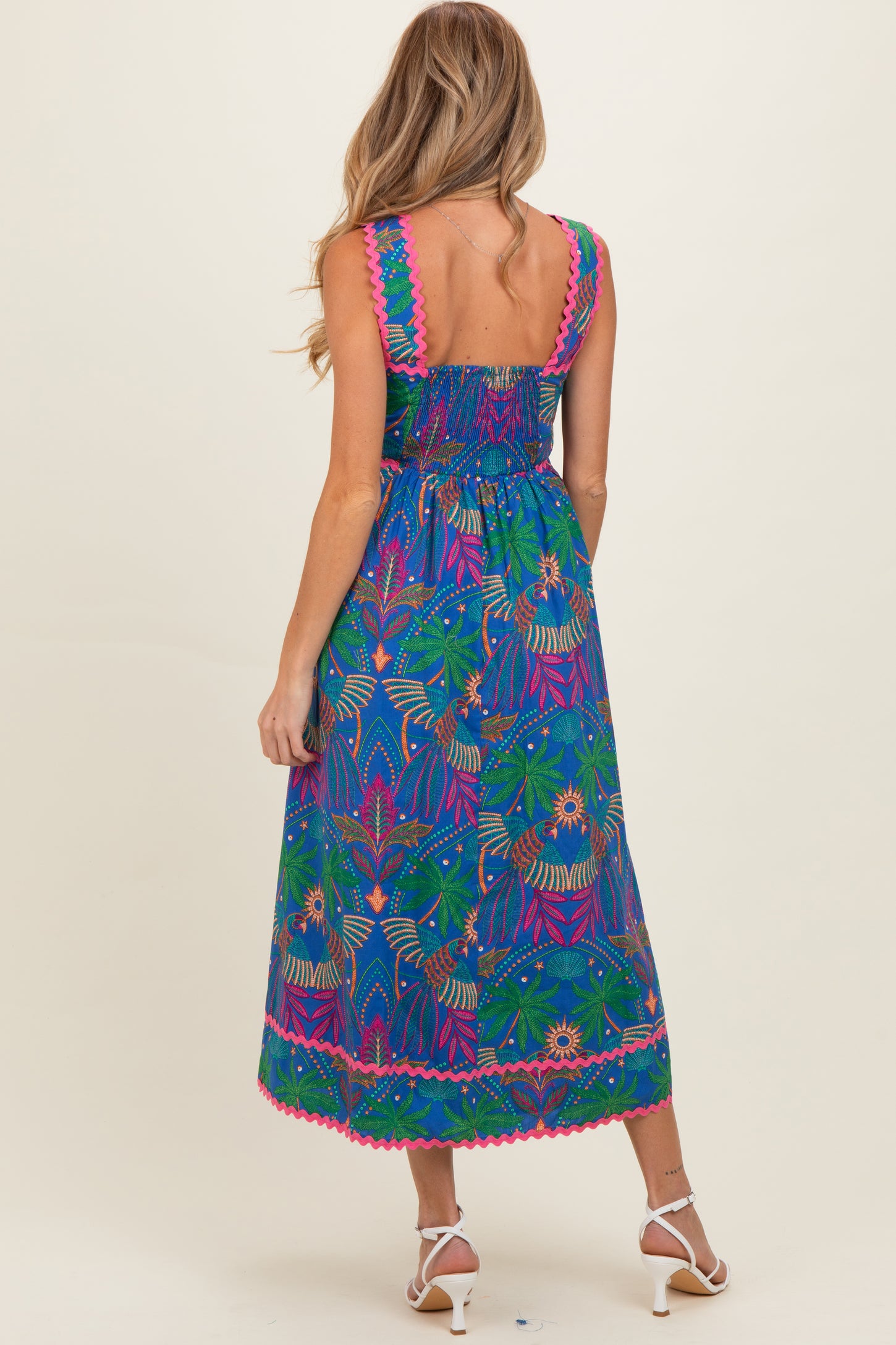 Navy Tropical Embroidery Maternity Midi Dress