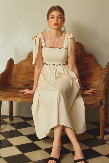 Cream Scallop Edge Side Cutout Midi Dress
