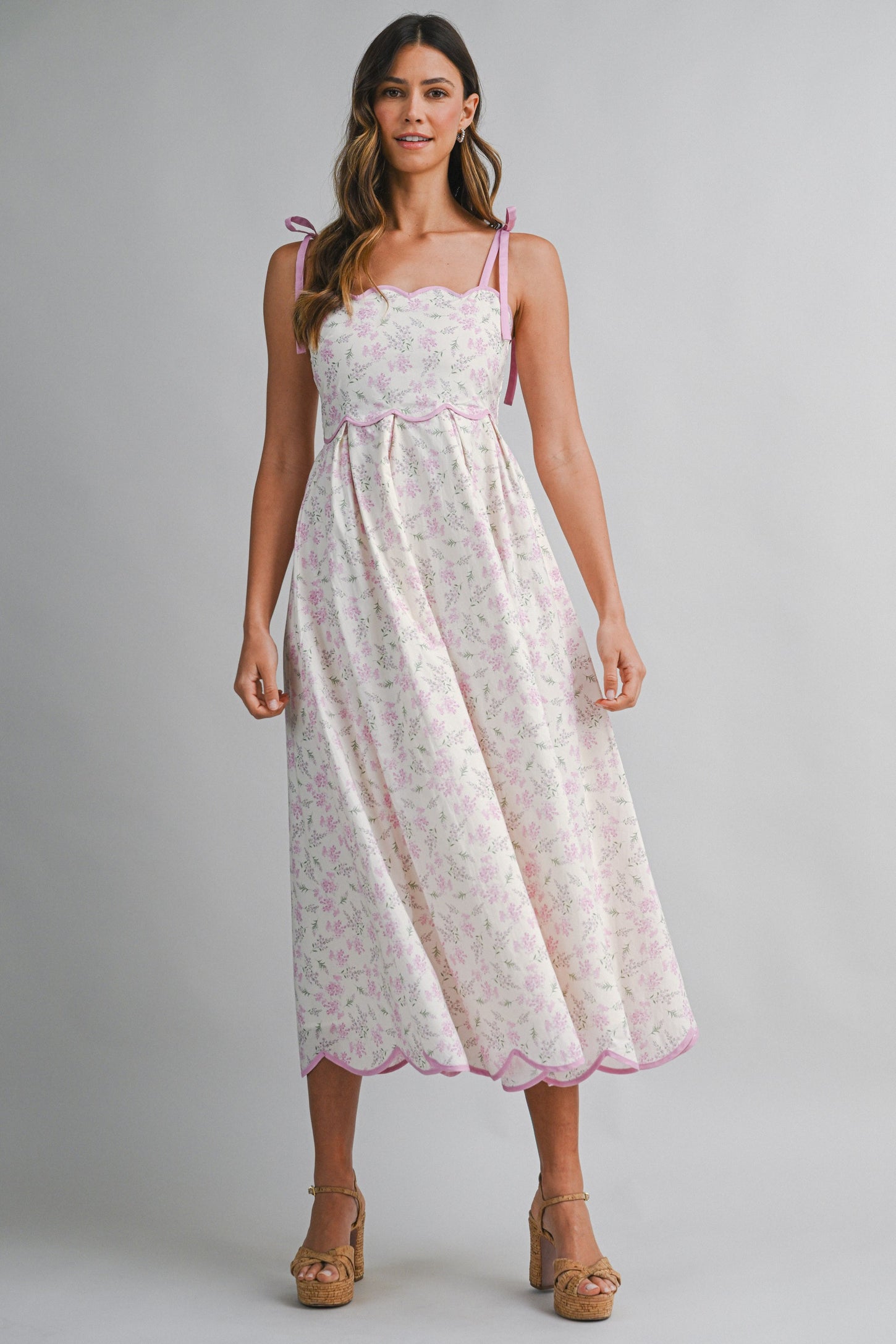 Pink Floral Scallop Hem Shoulder Tie Midi Dress