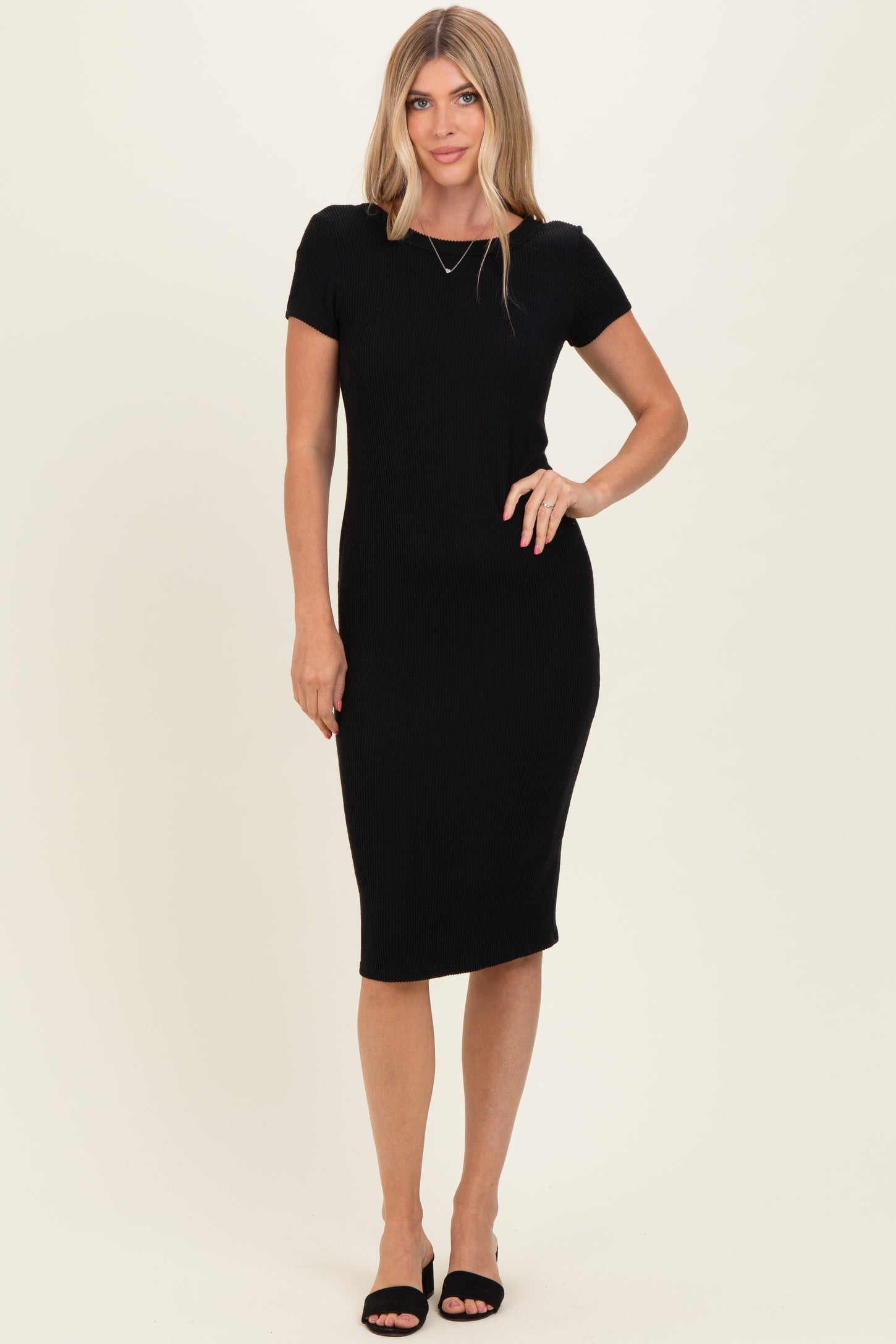 Black Ribbed Short Sleeve Midi Dress