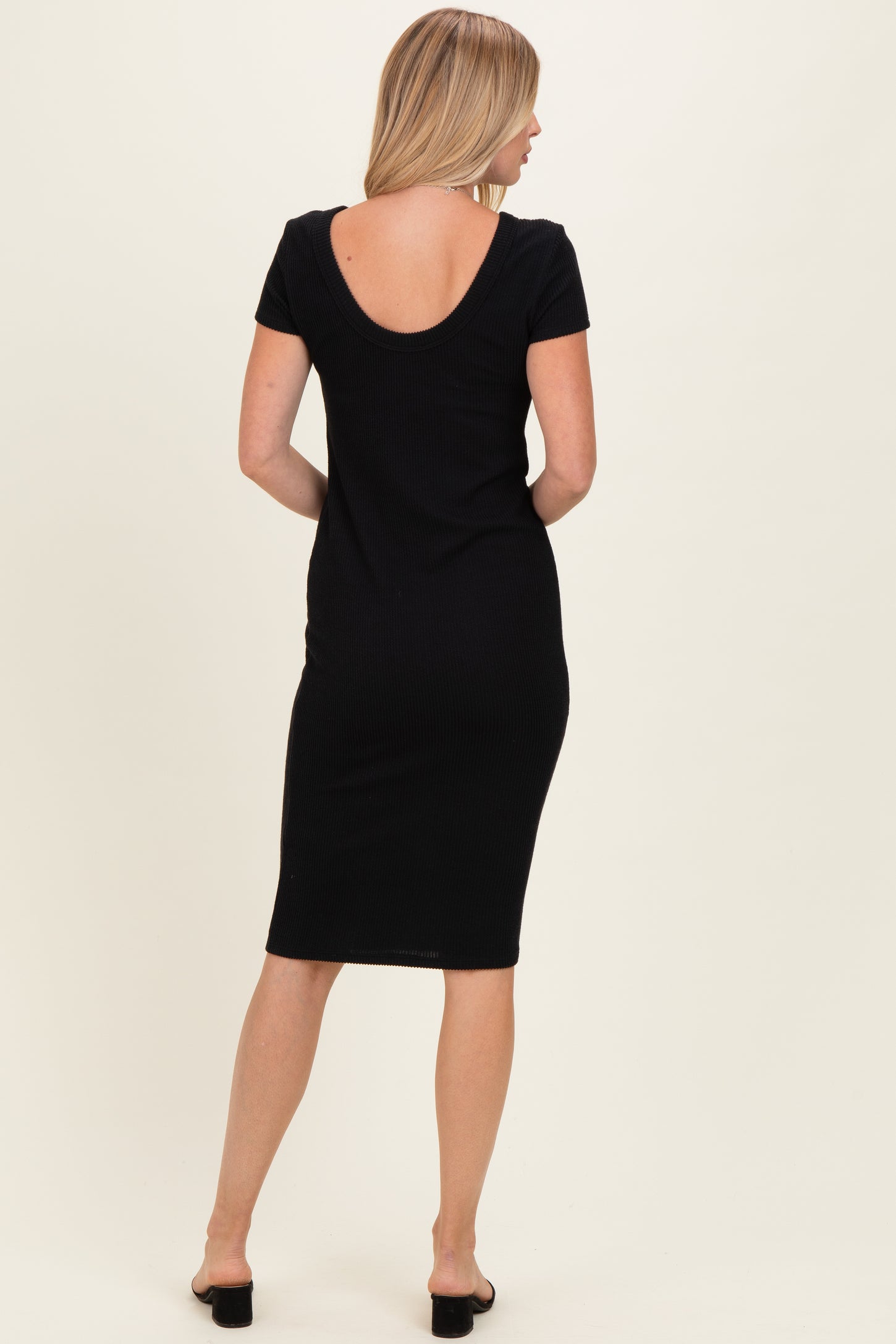 Black Ribbed Short Sleeve Midi Dress
