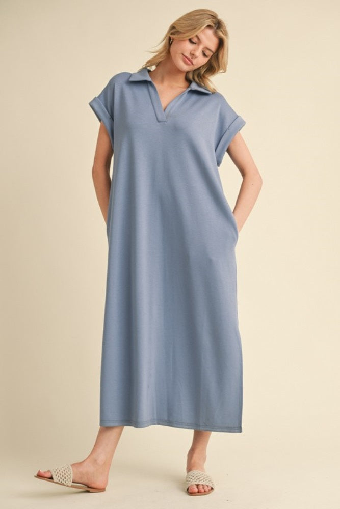 Denim Blue Collared Oversized Maternity Midi Dress