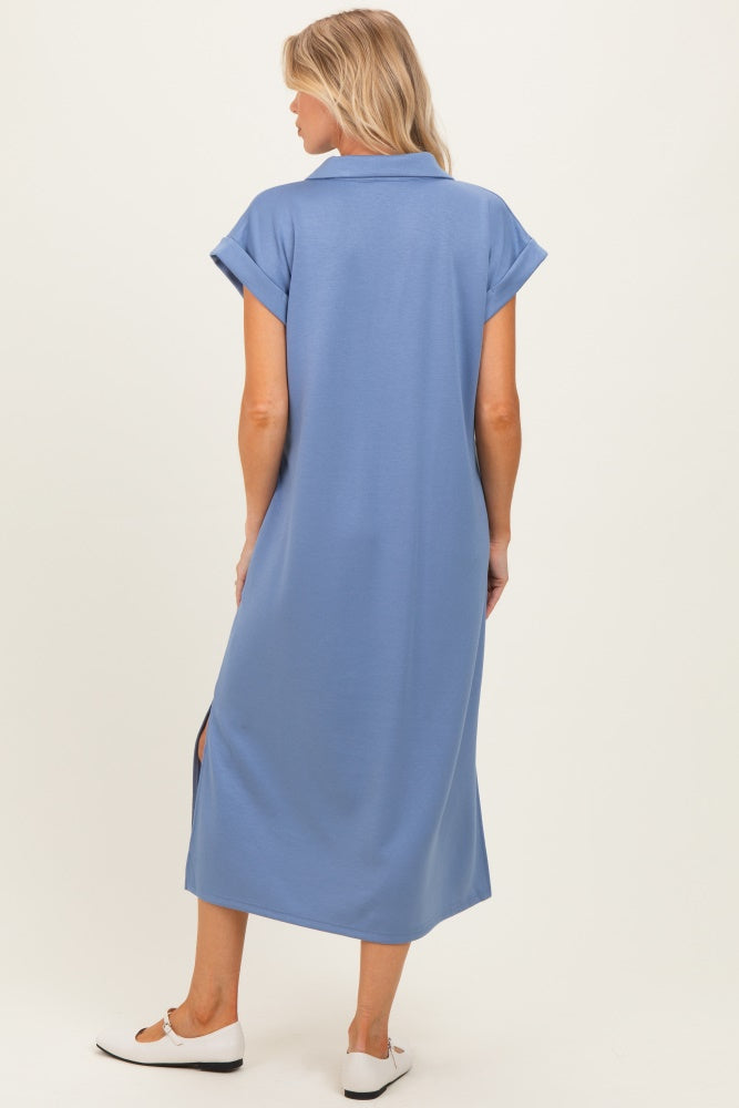 Denim Blue Collared Oversized Maternity Midi Dress