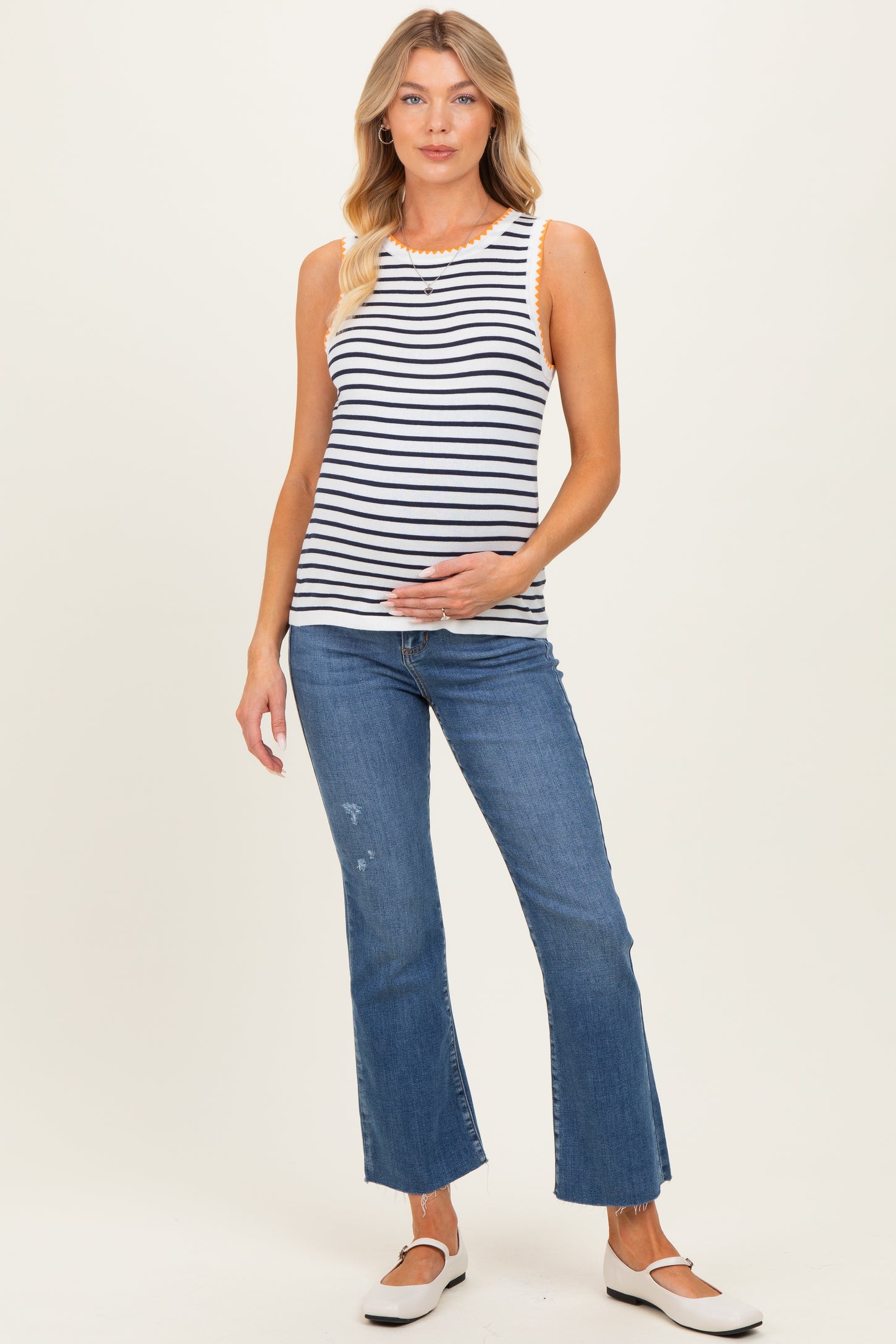 Navy Striped Stitch Detail Maternity Knit Tank