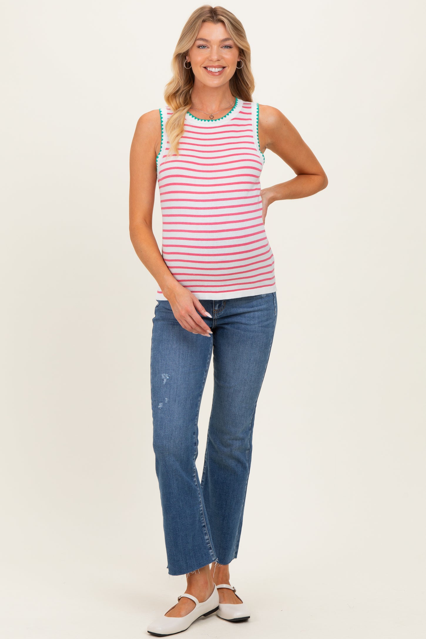 Pink Striped Stitch Detail Maternity Knit Tank