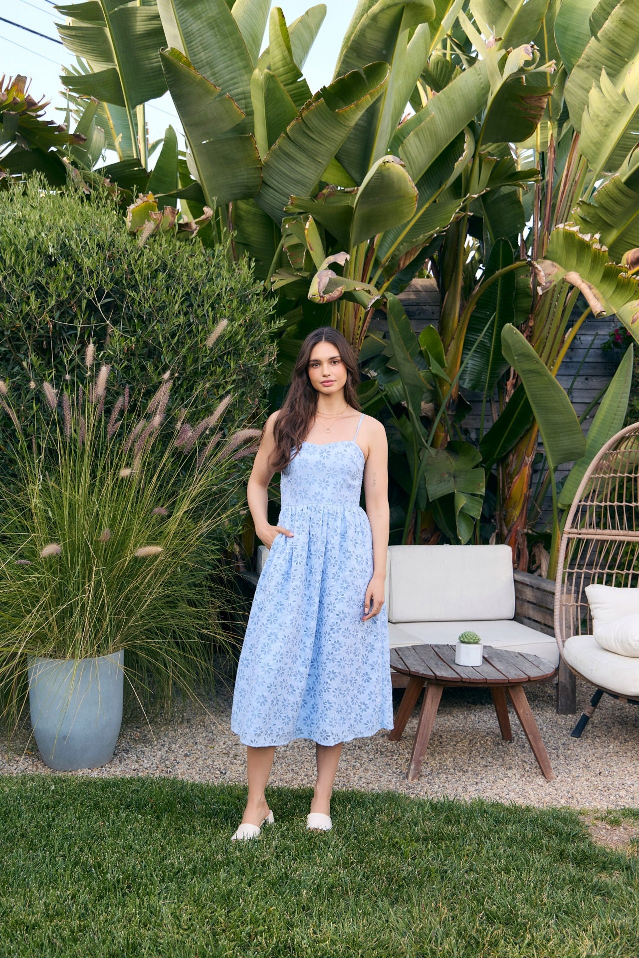 Powder Blue Floral Gingham Midi Dress