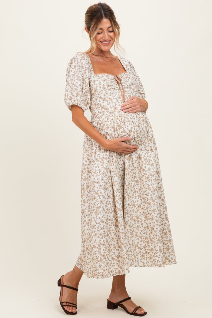 Cream Floral Puff Sleeve Maternity Midi Dress