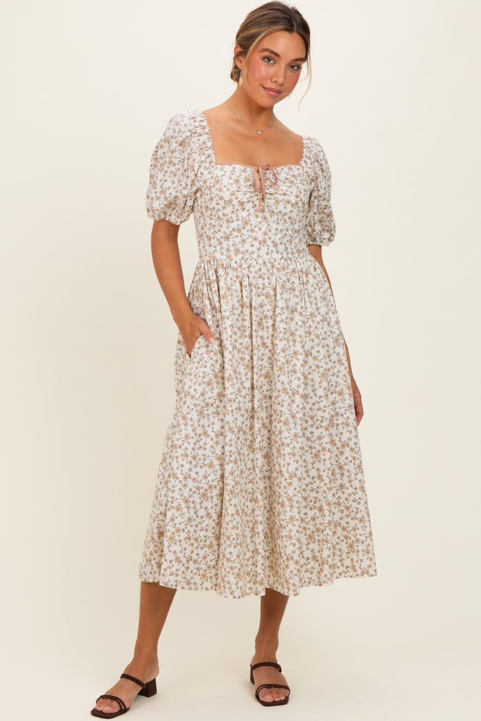 Cream Floral Puff Sleeve Maternity Midi Dress
