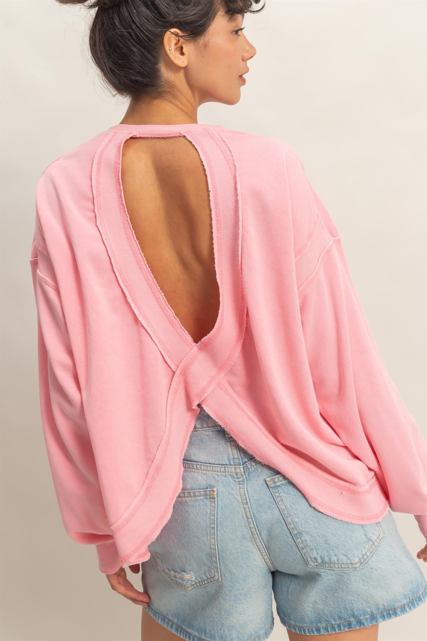 Pink Oversized Cutout Back Sweatshirt