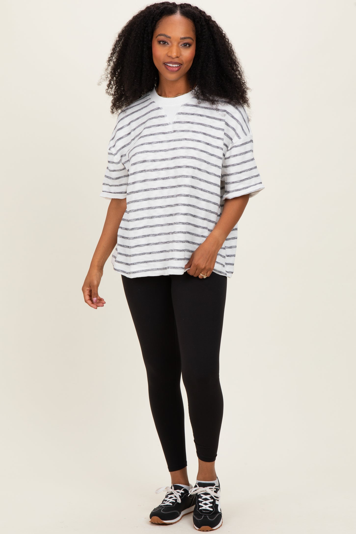 Black Oversized Striped Maternity Short Sleeve Top