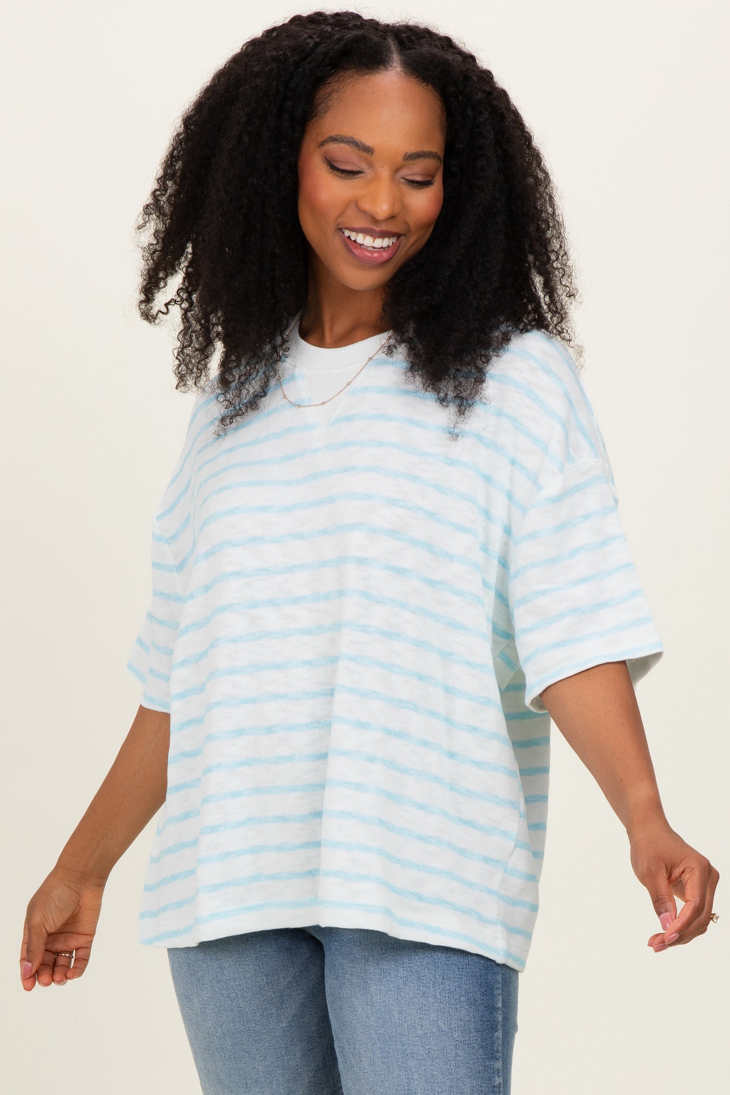 Light Blue Oversized Striped Short Sleeve Top