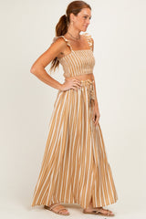Beige Striped Smocked Crop Top Maxi Skirt Set
