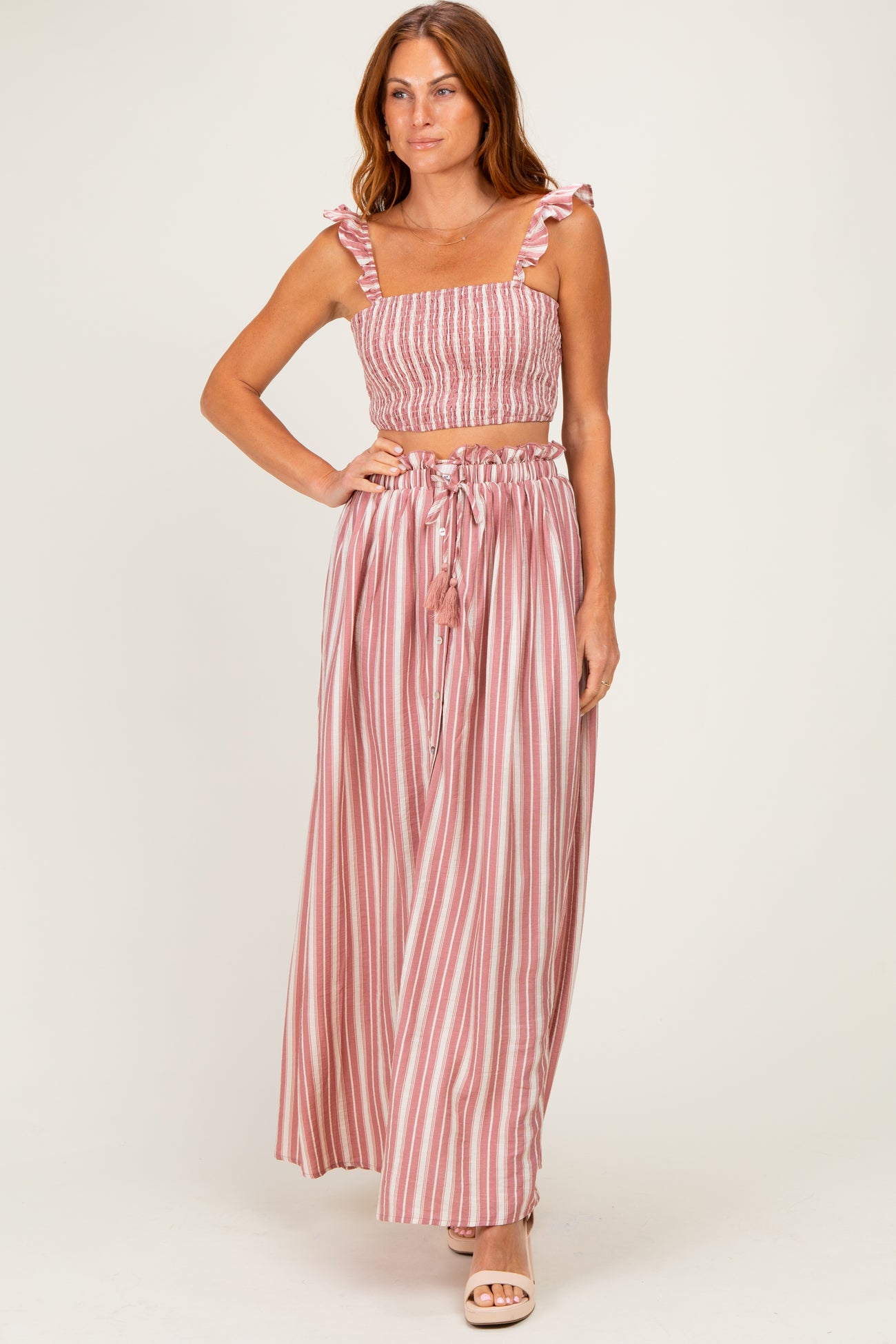 Rose Pink Striped Smocked Crop Top Maxi Skirt Maternity Set