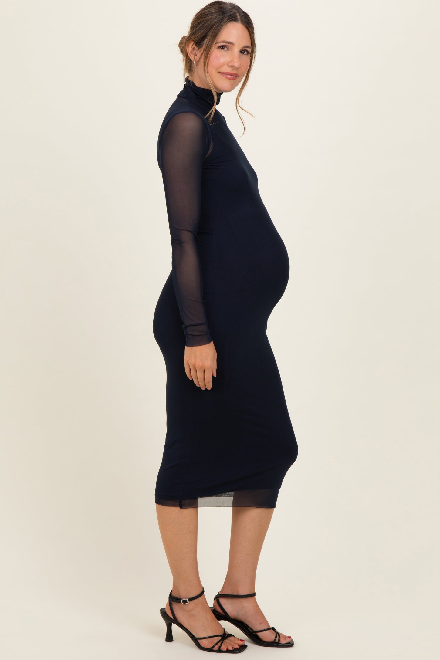 Navy Mesh Overlay Fitted Maternity Midi Dress