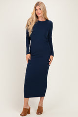 Navy Ribbed Fitted Long Sleeve Maternity Midi Dress