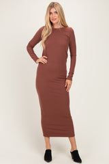 Red Brown Ribbed Fitted Long Sleeve Maternity Midi Dress