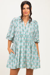 Green Print Collared Balloon Sleeve Dress