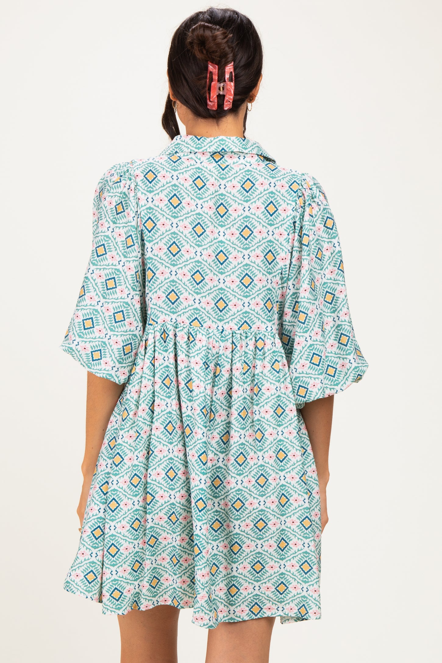 Green Print Collared Balloon Sleeve Dress