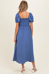 Blue Square Neck Puff Sleeve Maternity Midi Dress