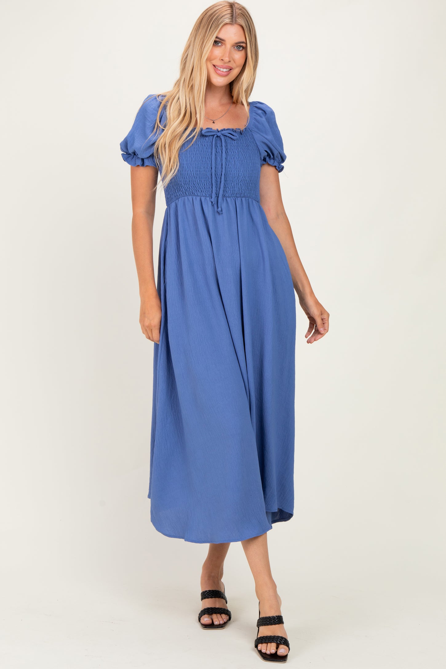 Blue Square Neck Puff Sleeve Midi Dress
