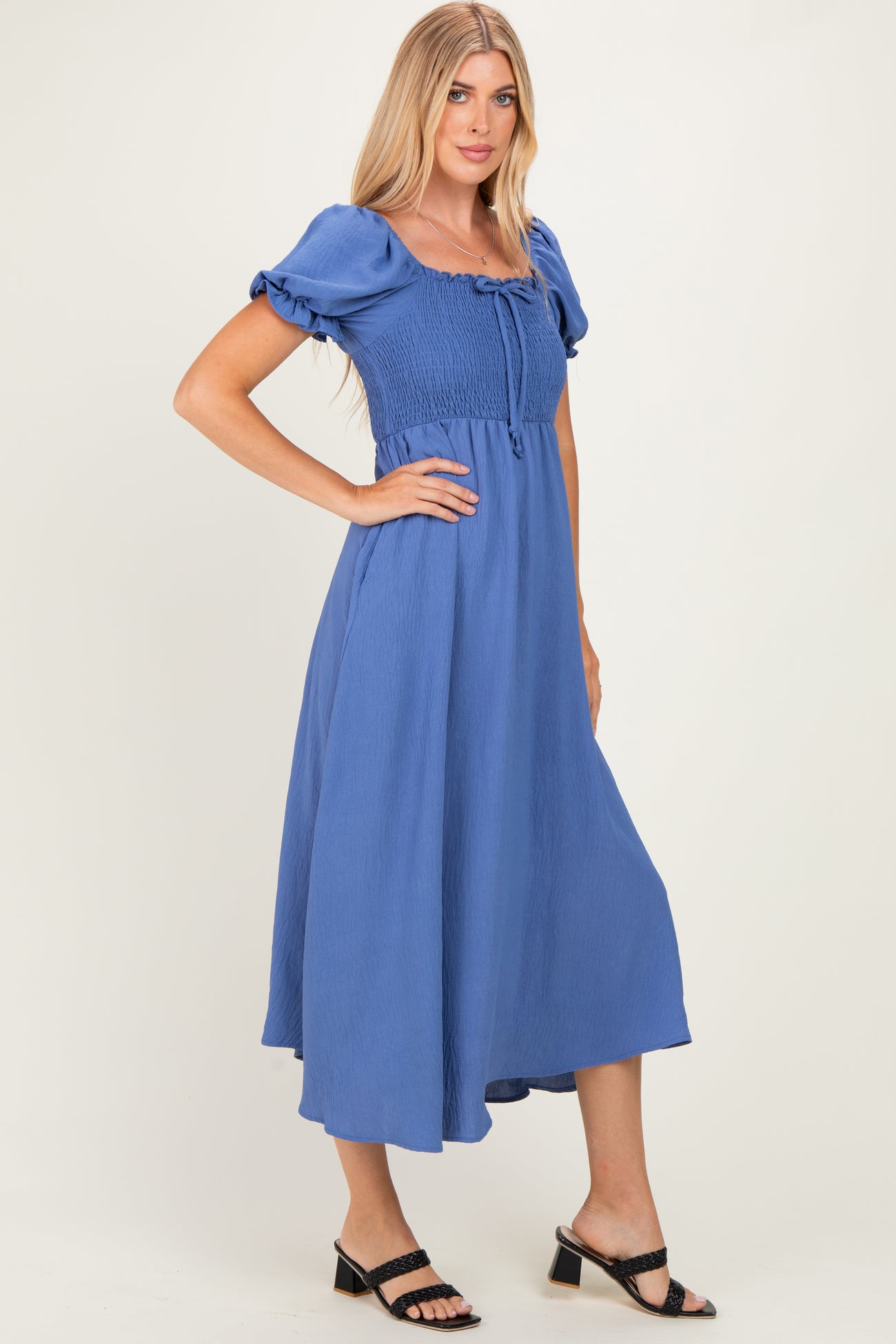 Blue Square Neck Puff Sleeve Midi Dress