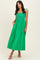 Green Smocked Shoulder Tie Midi Dress