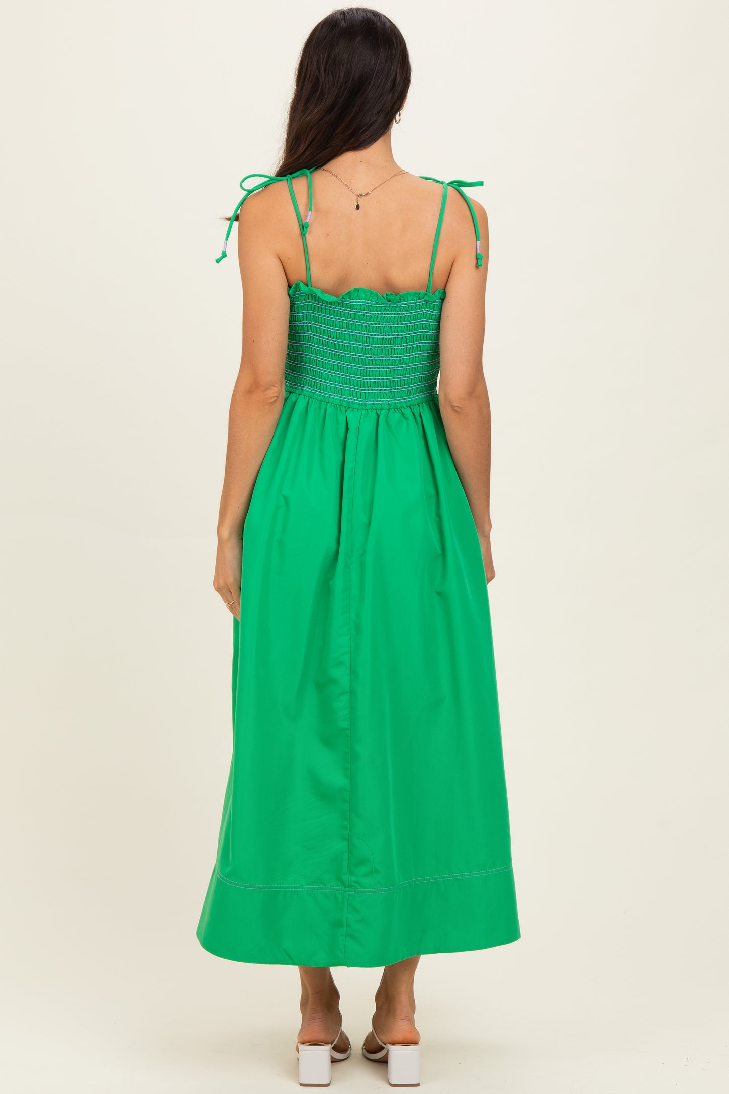 Green Smocked Shoulder Tie Midi Dress