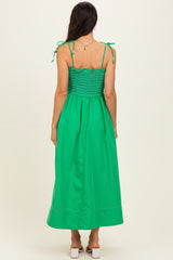 Green Smocked Shoulder Tie Midi Dress