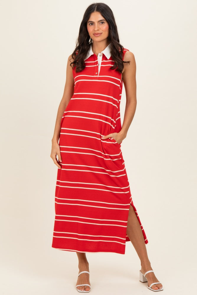 Red Striped Sleeveless Collared Maternity Midi Dress