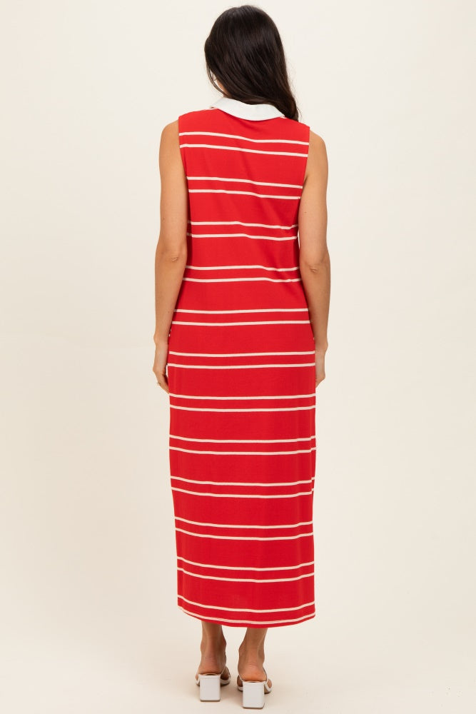 Red Striped Sleeveless Collared Midi Dress